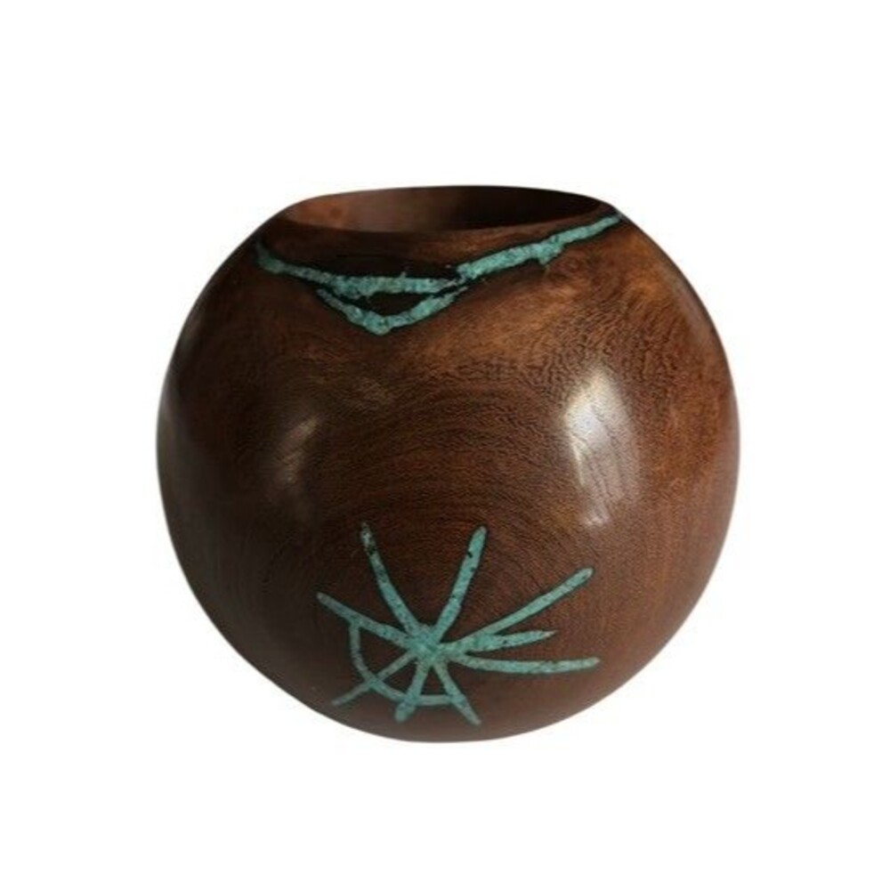 Handcrafted Signed Dark Wood Turquoise Inlay Candle Holder Artisan Southwestern - Picture 4 of 10